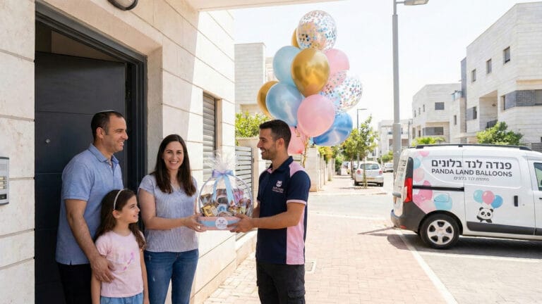 שליח פנדה לנד מוסר סלסלת מתנה עם בלון באבל וזר בלוני פסטל למשפחה מחייכת ליד רכב החברה