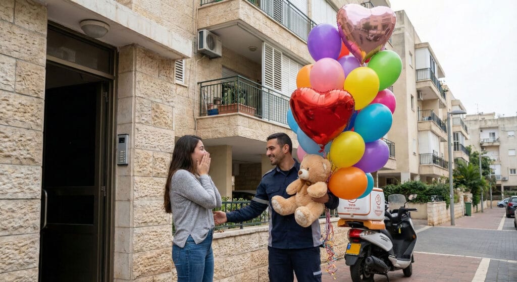 שליח מוסר זר בלונים צבעוניים עם בלוני לב ודובי לאישה מופתעת בכניסה לבניין מגורים