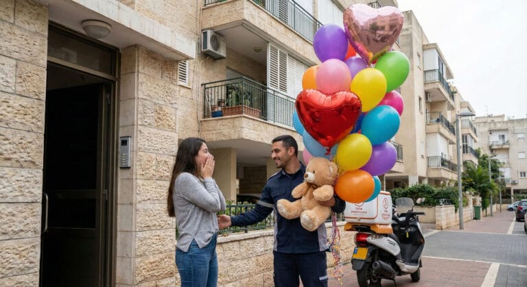 שליח מוסר זר בלונים צבעוניים עם בלוני לב ודובי לאישה מופתעת בכניסה לבניין מגורים