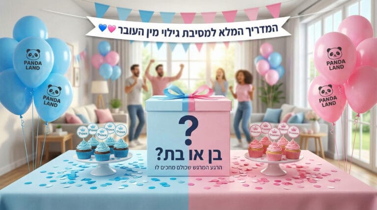 מסיבת גילוי מין העובר בגווני כחול וורוד עם בלוני פנדה לנד, קופסת הפתעה 'בן או בת?' וקאפקייקס