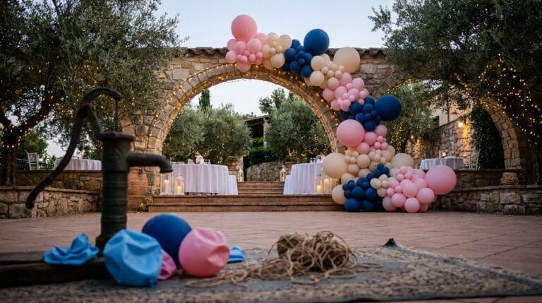 קשת בלונים מקצועית ומפוארת בצבעי ורוד וכחול, המדגימה את ההבדל בין תוצאה מקצועית לניסיון הרכבה עצמי.